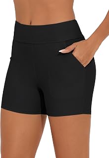Bonneuitbebe Women's High Waisted Swim Shorts with Pockets - UPF 50+ Boyshort Bathing Suit Bottoms for Swimming & Activewear