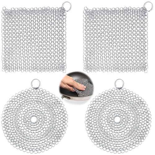 YOUNGSAY 4 Pezzi Scrubber in Cotta di Maglia, 10 x 10cm Pulitore per Piastra in Ghisa, Acciaio Inox Scrubber Chainmail Dell'acciaio per Wok/Griglia/Teglia da Forno (2 Forme)