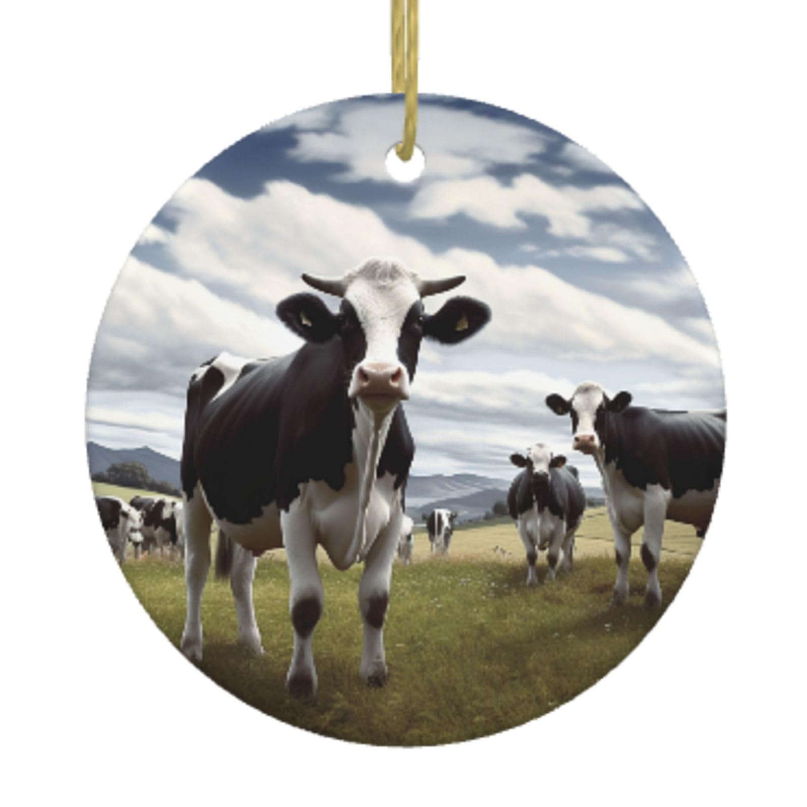 Ceramic Christmas Tree Hanging Ornaments with Gold Ropes Christmas Tree Decorations Round Ceramic Farm Cow Pictures Pendant Keepsake Decorations for Holiday Xmas Gift Ideas