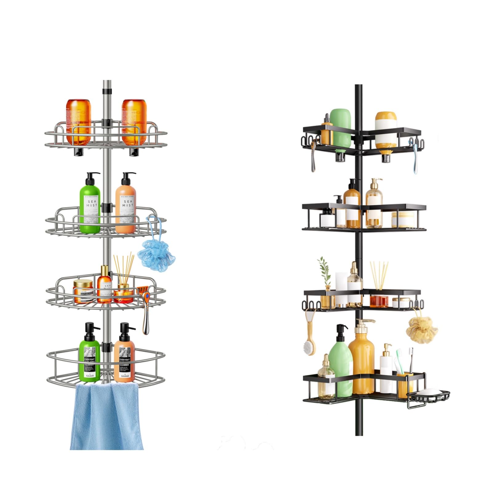 HAMITOR Shower Caddy Tension Pole 4-Tier Corner Rustproof Bathroom Organizer - No-Drill Adjustable Shower Shelf for Renters -