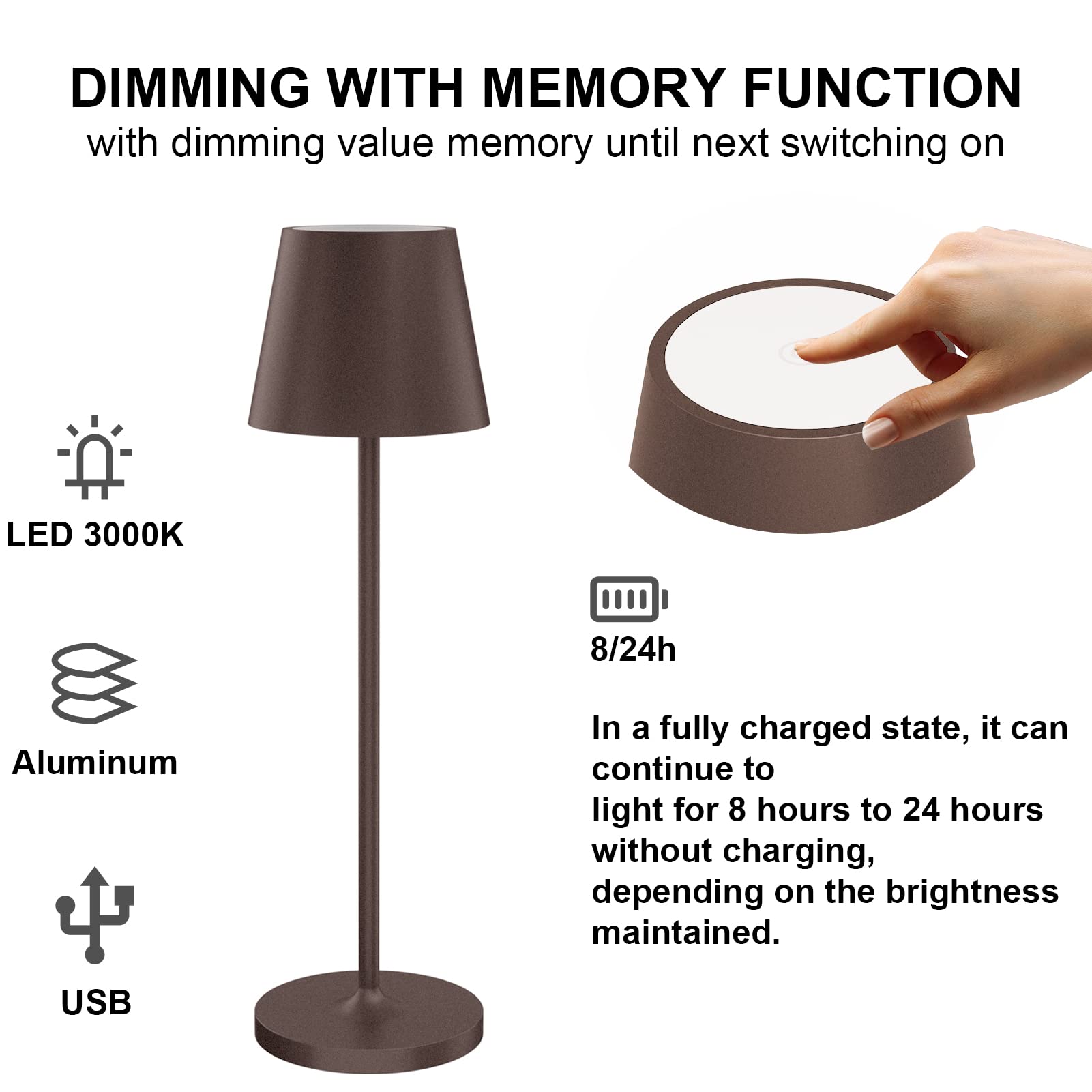 Klighten Lot de 2 LED Lampe de Table Dimmable, Rechargeable Lampes de Bureau avec Station de Chargement USB, Lumière Chaude 3000K, Couleur Rouille, IP54, Aluminium, pour Intérieur/Extérieu