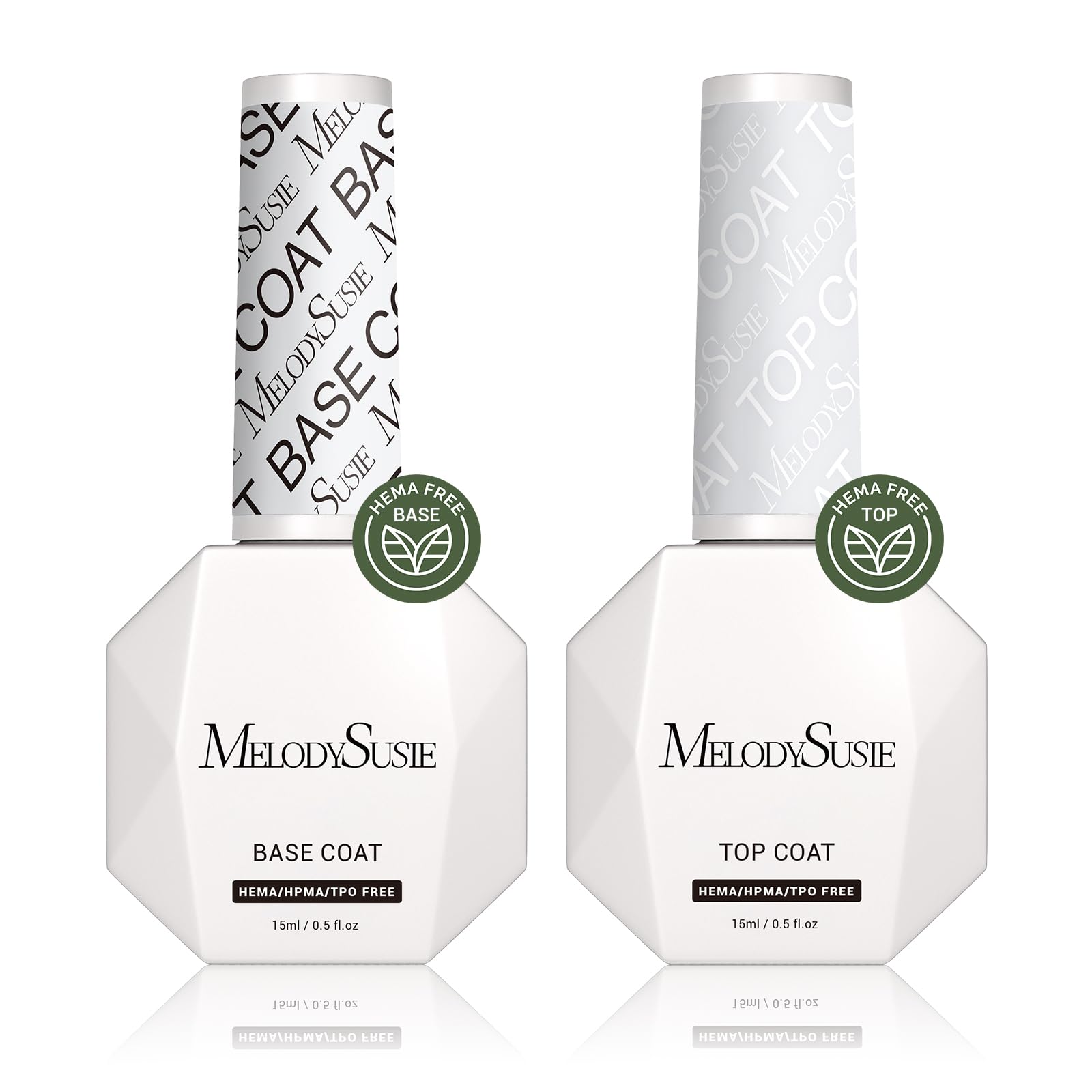 MelodySusie Hema Free Gel Polish Base and Top Coat Set, 2PCS 0.5 Fl Oz Long Lasting Soak Off UV No Wipe Glossy Top Coat and Base Coat for Nail Polish, Nail Art Design Manicure Kit Salon Home