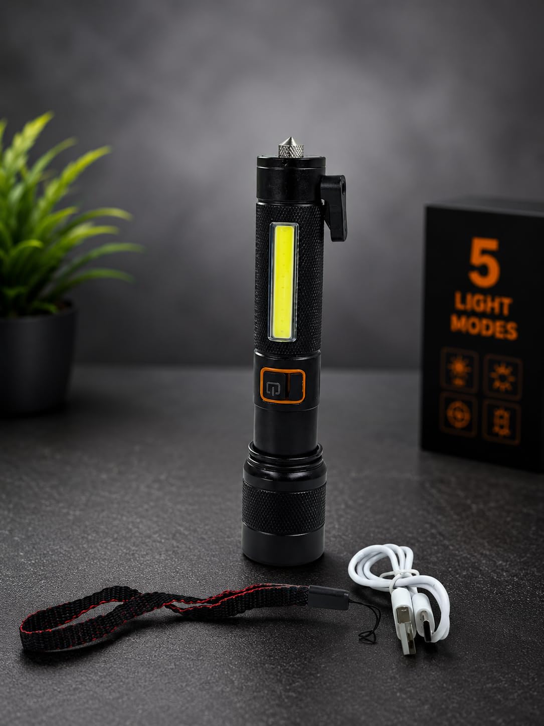 HP-371S Emergency LED Flashlight with Window Breaker & Seat Belt Cutter | 5 Light Modes | Rechargeable Zoomable COB Torch | Car Escape Safety Hammer | Tactical Emergency Torch for Car & Travel-image-16