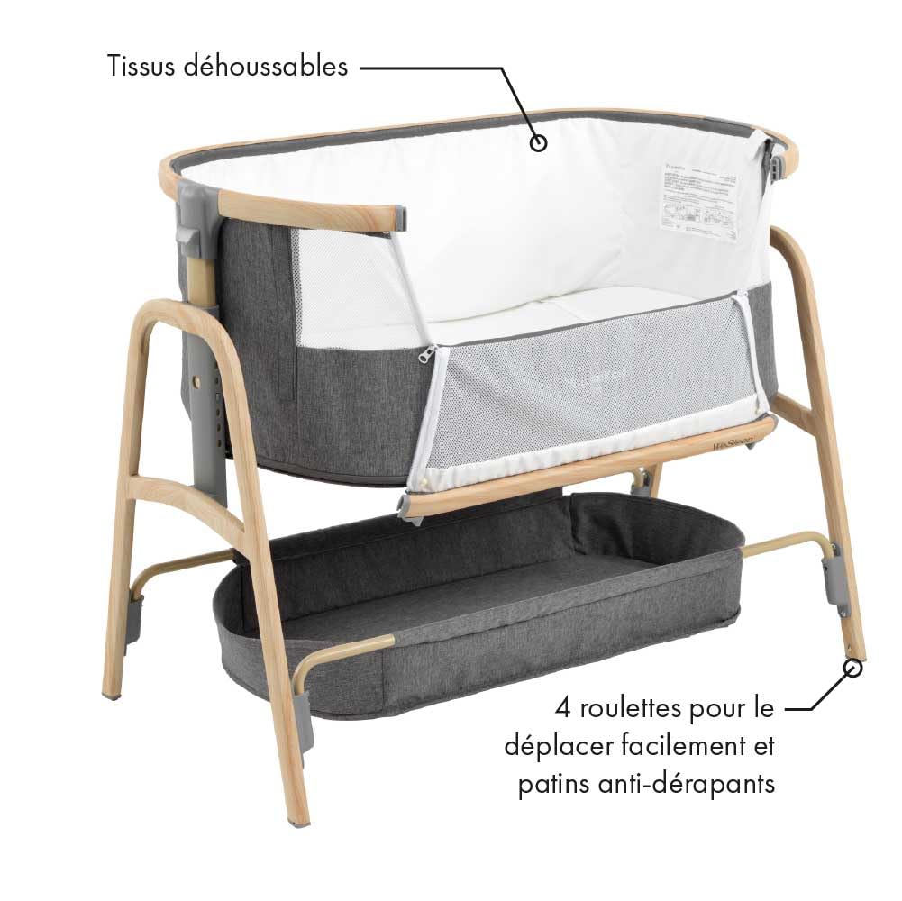 Lit bébé cododo Wesleep William Kent avec matelas 2,5cm, hauteur réglable 7 niveaux, fenêtre filet et sangles, panier rangement