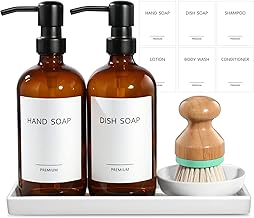 GMISUN Kitchen Soap Dispenser Set, 16 Oz Dish Soap Dispenser with Ceramic Tray & Bamboo Dish Brush, 2 Pack Thick Amber Glass Soap Dispenser, Farmhouse Refillable Liquid Hand Soap Dispenser