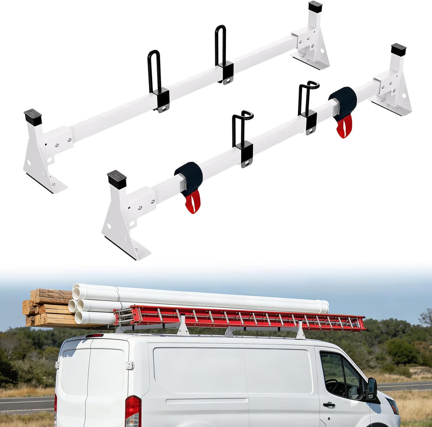 54" Van Roof Ladder Rack for 2015–2025 Ford Transit 150/250/350, Heavy Duty Steel Cargo Van Ladder Rack with 3 Crossbars, 820 lbs Load Capacity, No-Drill Installation, Fits Low/Mid/High Roof