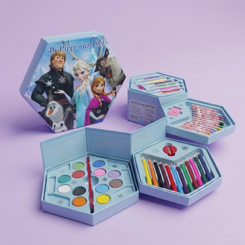46 Pieces Kids Art Kit Drawing Painting Colouring Set with Water Colours Crayons Sketch Pens Colour Pencils Brush Eraser Sharpener Gift Box for Girls Boys (Blue(Frozen), Pack Of 1)-image-29