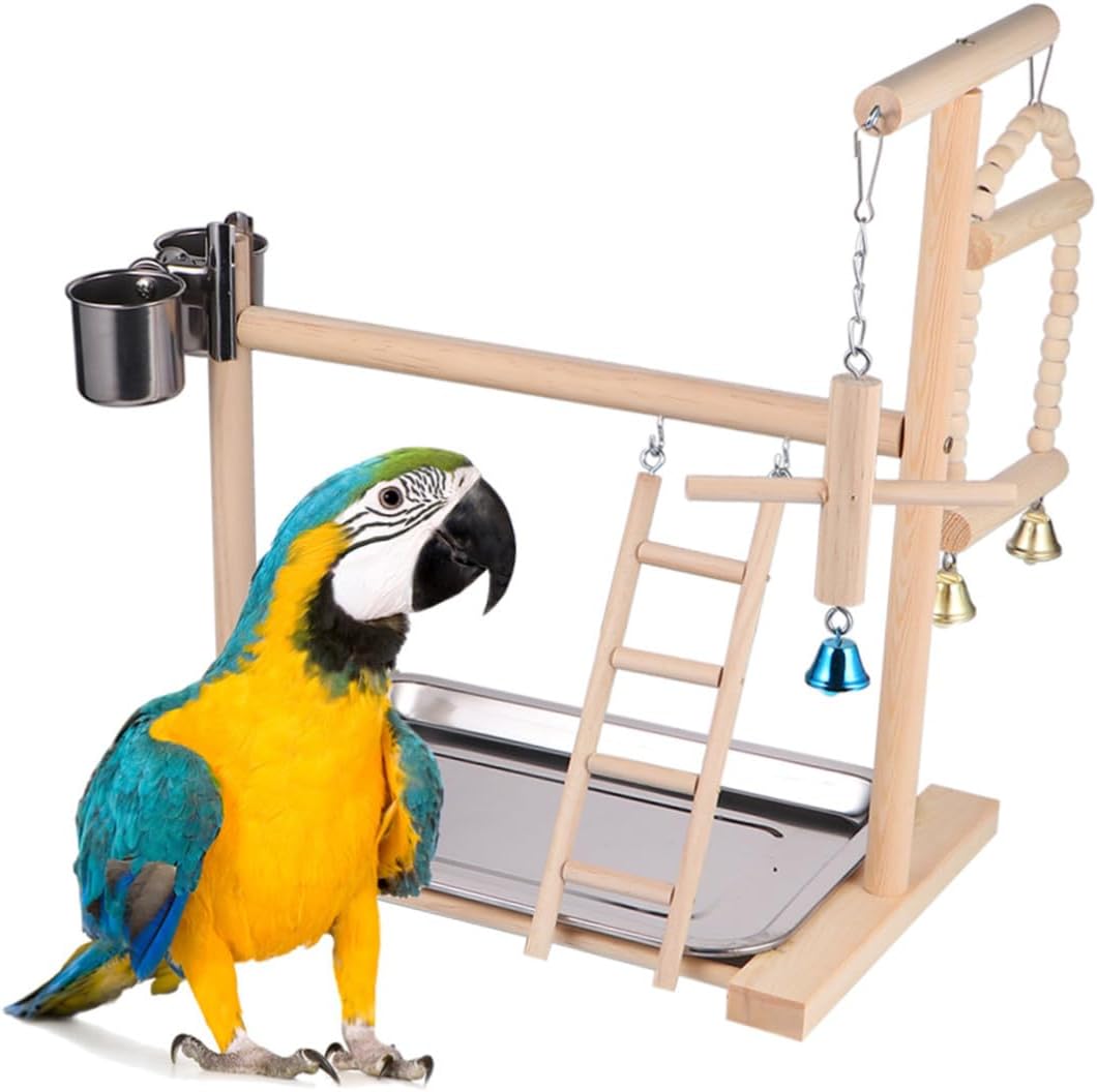 Mobestech Wooden Parrot Stand with Hanging Seat and Activity Perch, Natural Solid Wood Bird Cage Accessory for Indoor Parrots and Conures Playground Random Color