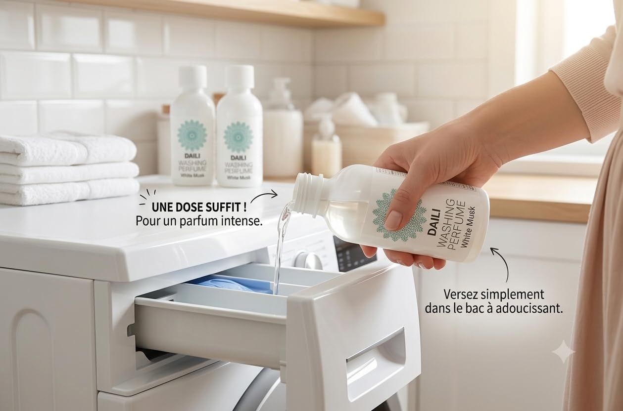 Parfum de Linge Musc Blanc – Lot de 3 x 150ml – Booster de Senteur pour Machine à Laver – Fraîcheur Intense Longue Durée – Compatible Lessive Adoucissant – Pour Vêtements, Linge de Maison, Rideaux