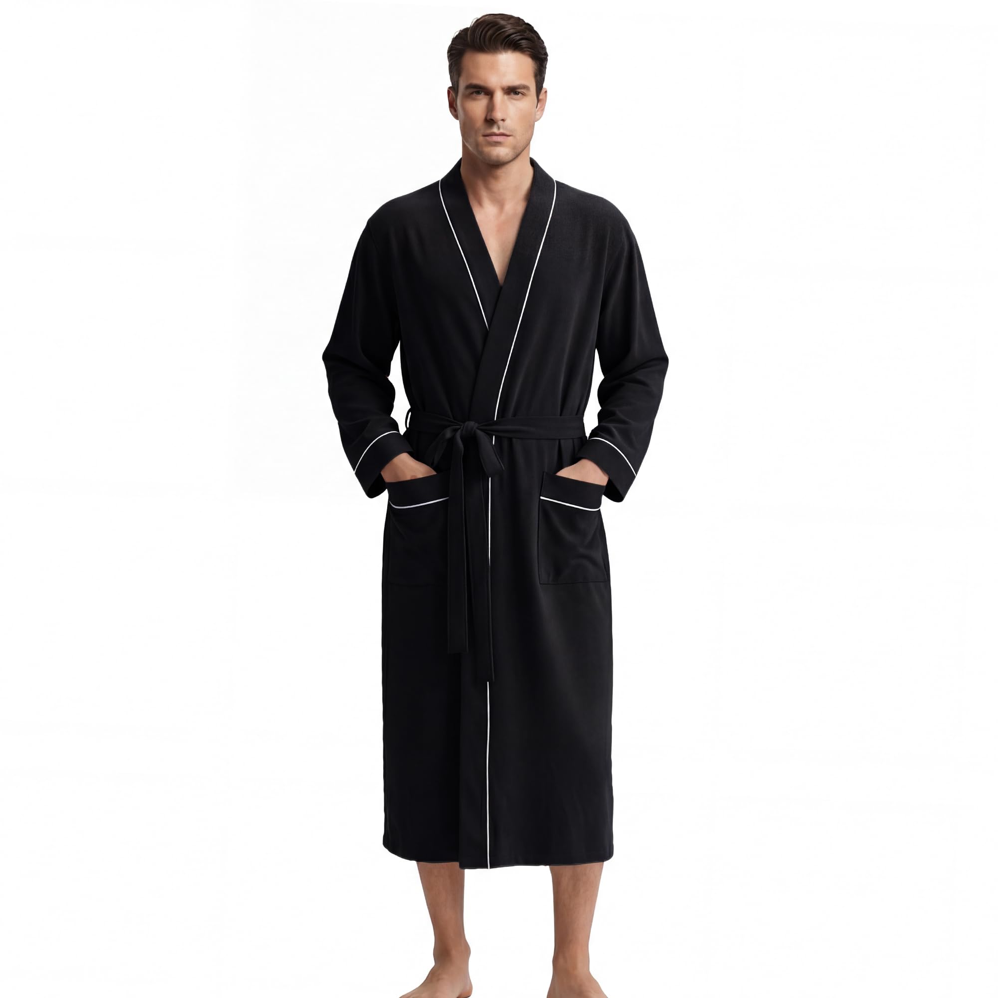 U2SKIIN Herren Bademantel 100% Baumwolle Leicht lang Bademantel Kimono Kragen Weich Hautfreundlich Spa Robe