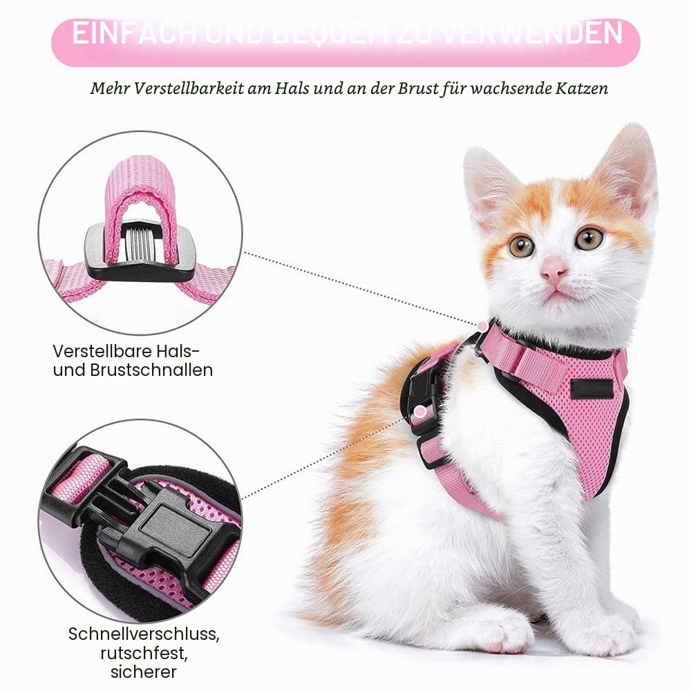 Voarge Katzengeschirr, verstellbar, mit 150 cm Leine, Sicherheits-Katzengeschirr für kleine mittelgroße große Erwachsene Katzen, Welpen, Katzengeschirr für Spaziergänge, Reisen (Rosa, S)