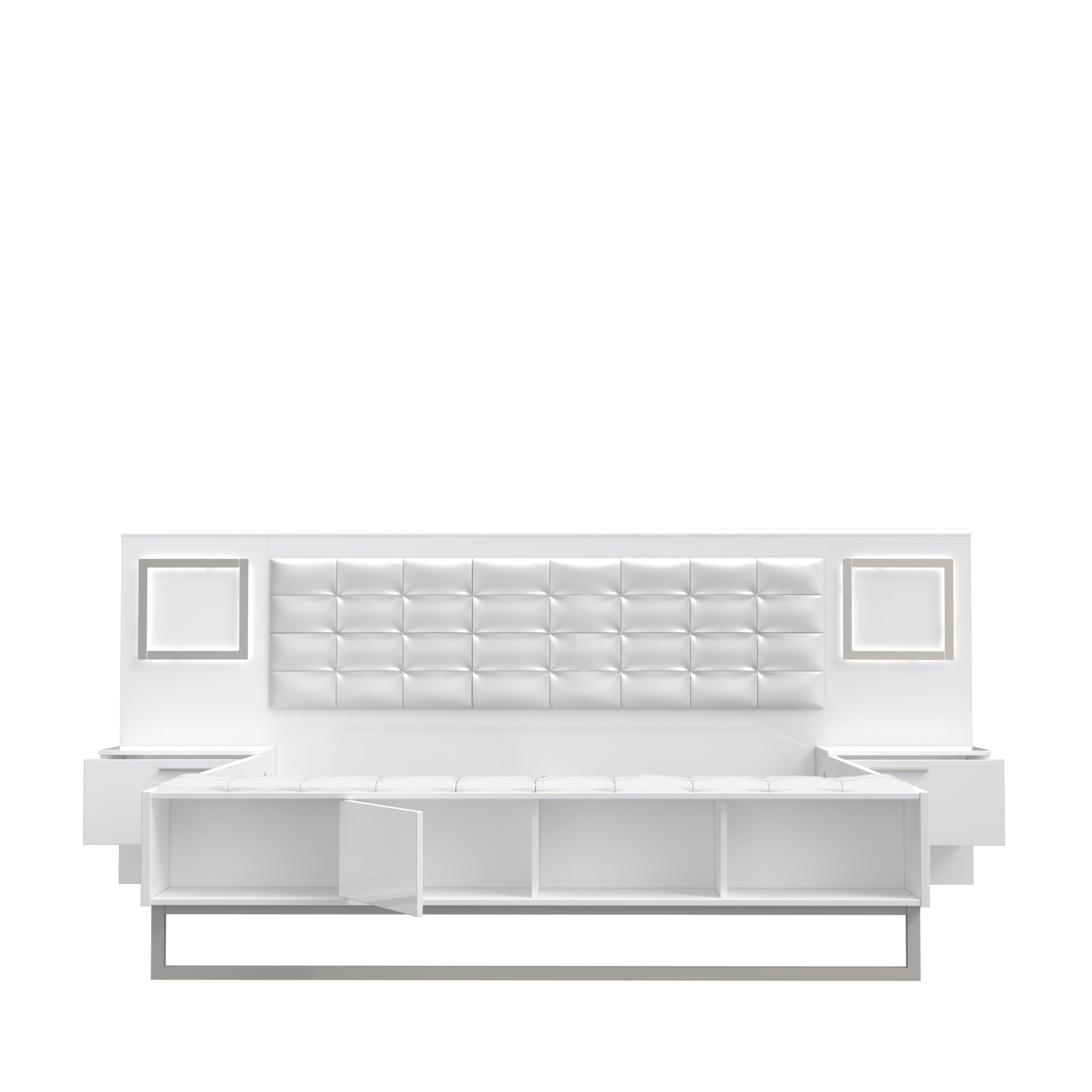 Forte Sirius Crown Bett 280 290, modernes Bett + 2 Nachtkommoden mit 2 Schubladen, weißes Bettgestell, Holzwerkstoff, Weiß/Weiß Hochglanz, 287 cm breit x 119,7 cm hoch x 234,7 cm tief