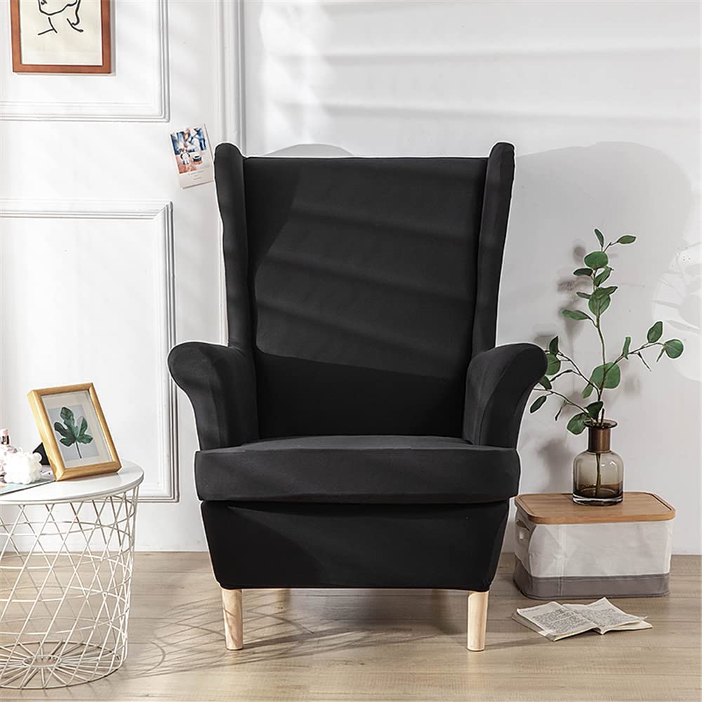 Ohrensessel Bezug Set 2-teilig, Stretch Sesselüberzug aus Spandex, elastischer Ohrensesselbezug, moderner und waschbarer Möbelschutz für Wohnzimmer Schlafzimmer Schwarz Einheitsgröße