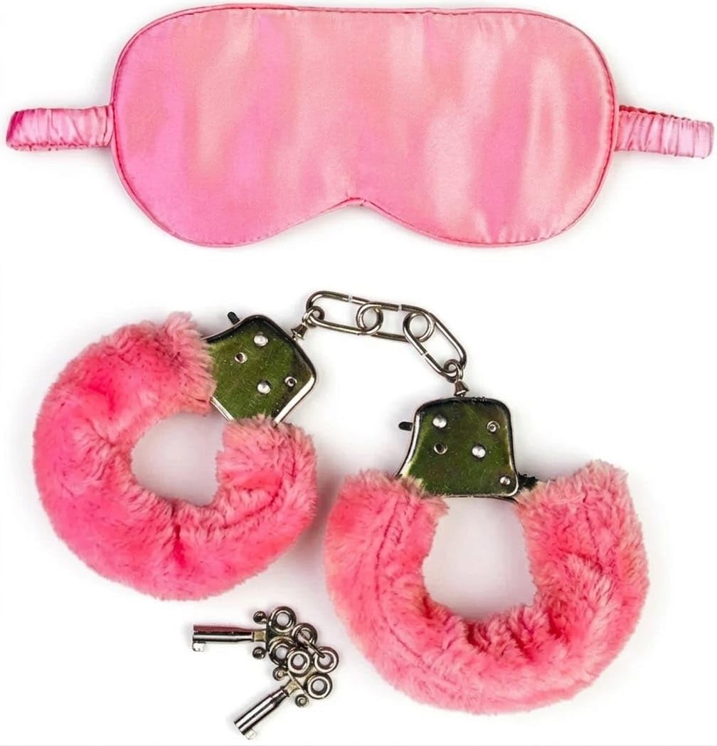 LEROKAS Pink Plush Handcuffs and Satin Sleep Mask Set, Soft Fuzzy Cuffs with Metal Keys-image-44
