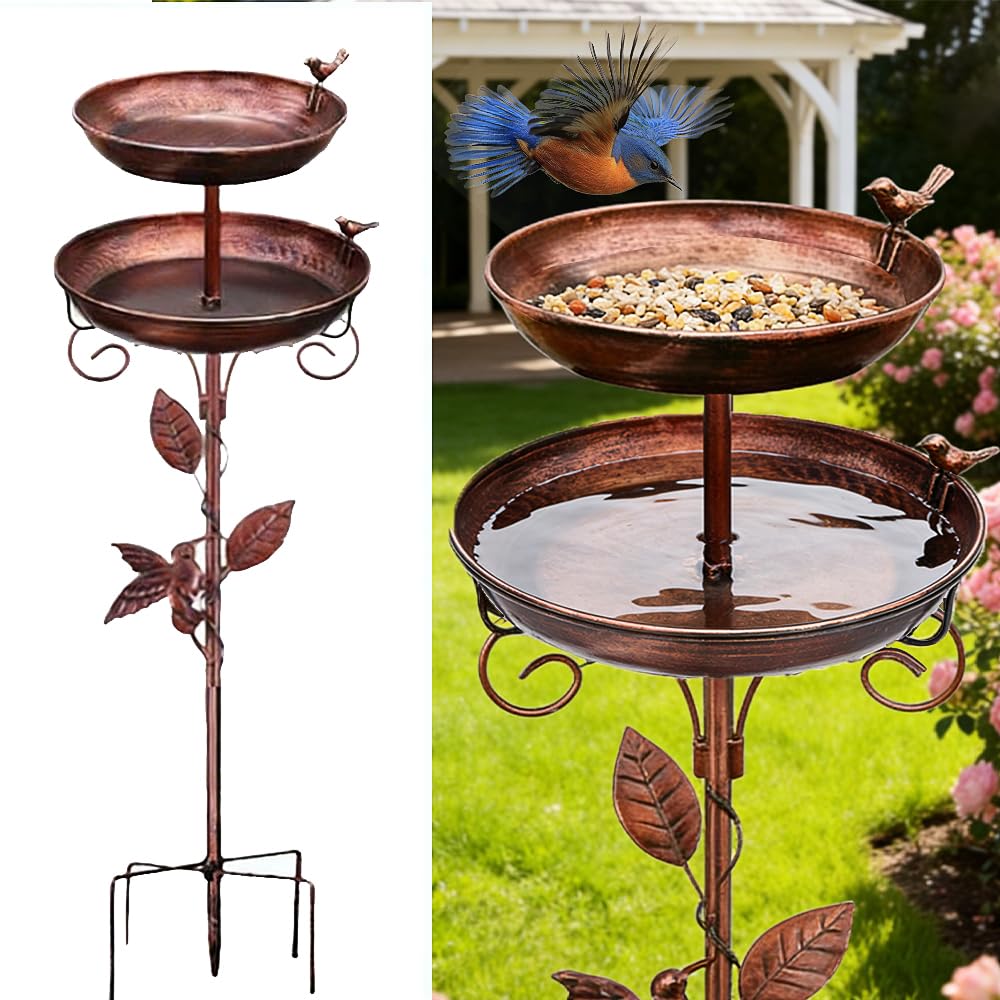 Double mangeoire autoportante en métal avec bain d'oiseaux 46 cm x 117 cm