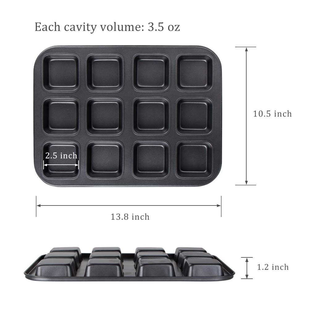 Mini sartén antiadherente para barra de brownies, 12 cavidades, de acero al carbono, cuadrada, para hornear brownies individuales, panes, galletas 4