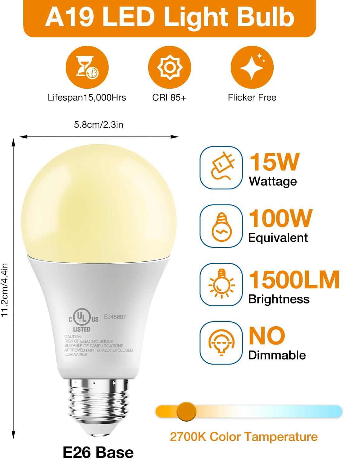 DAYBETTER LED Light Bulbs, A19 2700K Warm Light Bulbs 100 Watt Equivalent, 1500LM Warm White Led Bulbs, E26 Standard Base, Non-Dimmable, 15 Watt Lightbulbs for Home Office, 24 Pack
