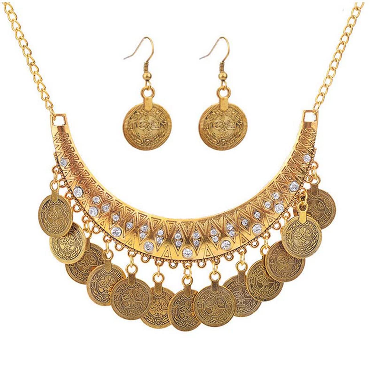 Boho Coins Necklace Earrings Set Chunky Coin Tassel Ethnic Gypsy Statement Jewelry Set