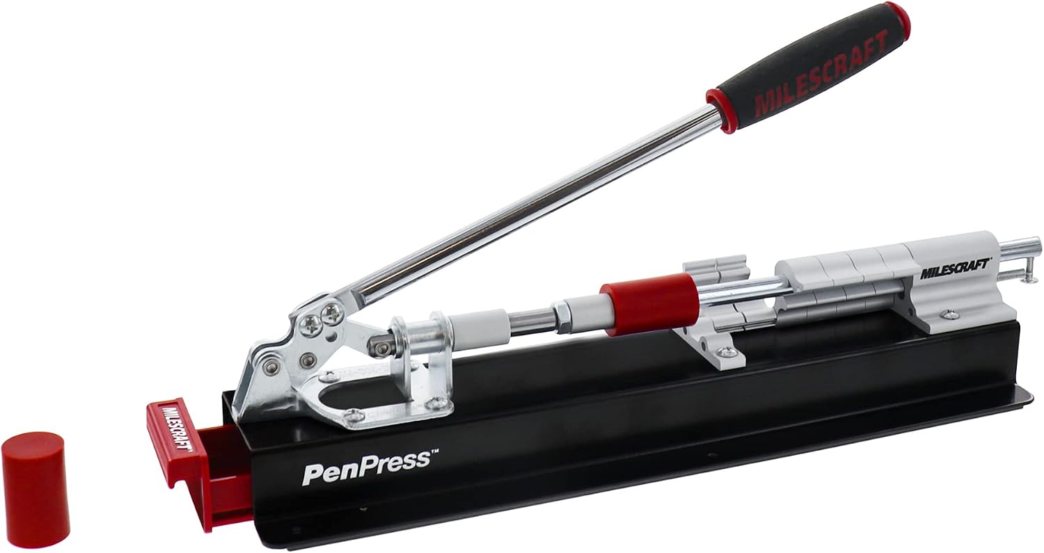 Milescraft 4701 Pen Press – Join Turned Pens & Projects – Advanced, Spring-Loaded Design Holds Workpiece in Place & Adjusts Size Quickly Using Six Quick-Flip Stop Settings. Includes Two Receiving Tips