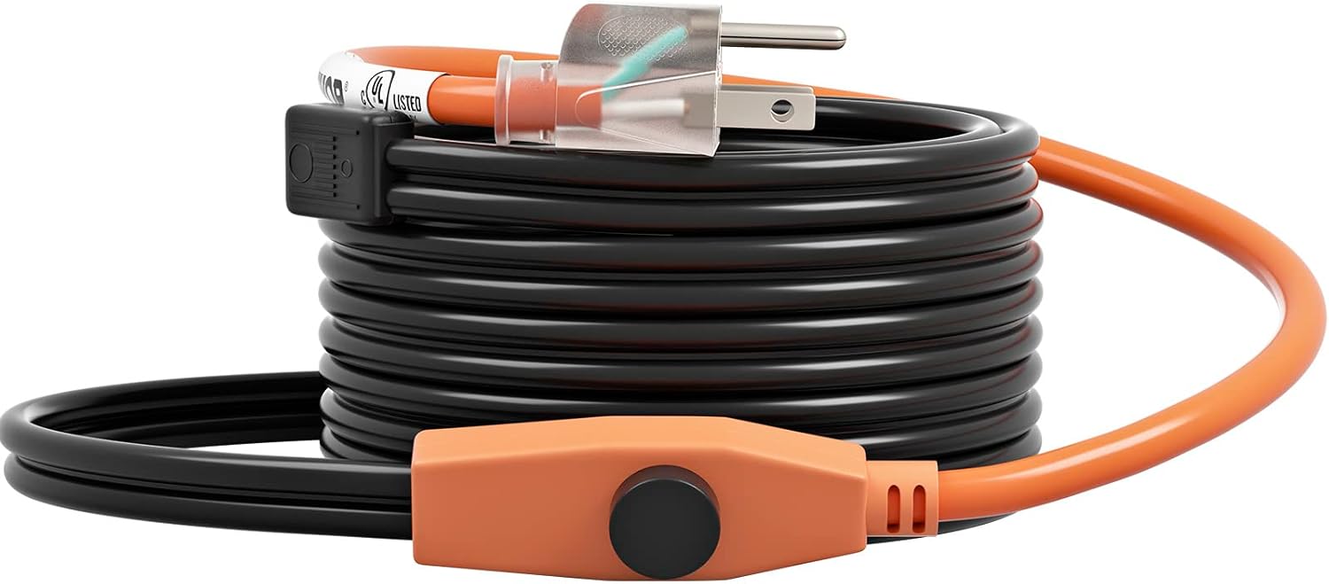 VEVOR Pipe Heating Cable, 12-feet 7W Heat Tape for Pipes with Built-in Thermostat, Protects PVC Hose, Metal and Plastic Pipe from Freezing, 120V - - 