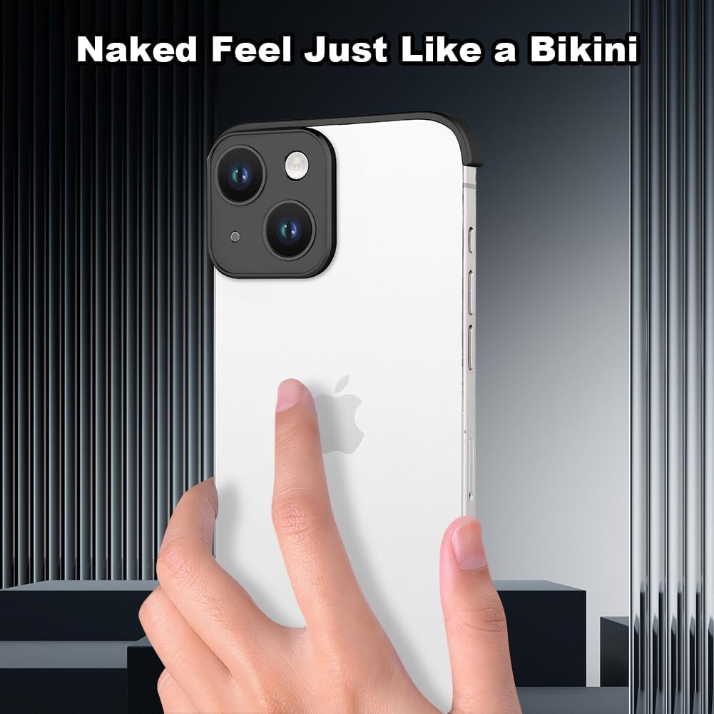 Frameless Phone Case for iPhone 14 with Camera Lens Protector, Shockproof Metal Cover, Minimalist Bumper Shell (Black Metal) - Image 5