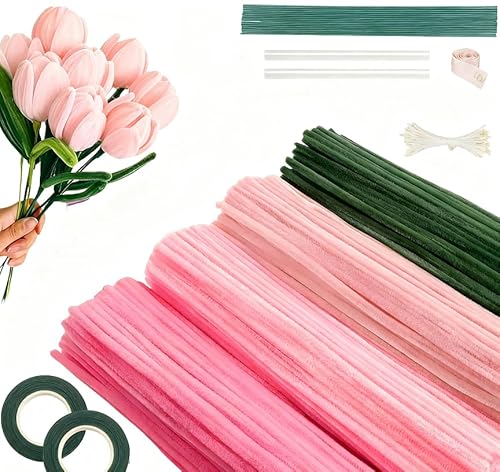 400PCS Pipe Cleaners Violet Chenille, Cure Pipe pour Fleurs Tulipes, avec 20 Tiges Artificielles, 2 Rouleaux Ruban Fleuriste & Étamines Fournitures DIY pour Bouquets et Décoration (Rose)