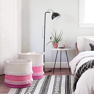 Large Rope Basket Pink Decorative Woven Basket for Toys