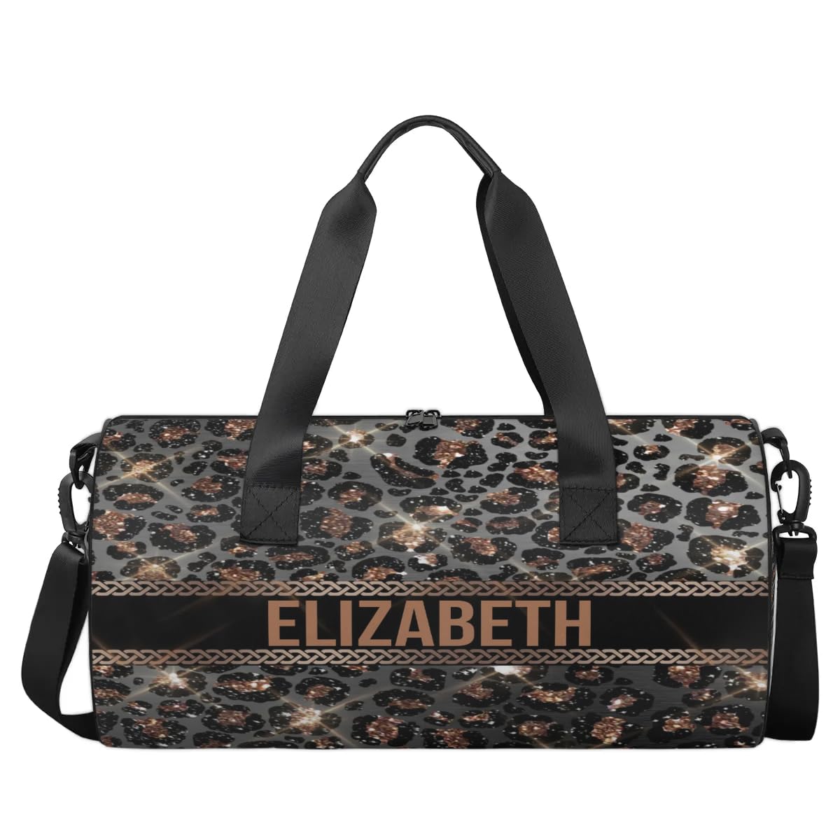 Personalized Kids Gym Bag Sport Bag Duffle Bag for Girl, Custom Gymnastics Dance Travel Bag Weekender Bags with Adjustable Leopard Black Gold Glitter