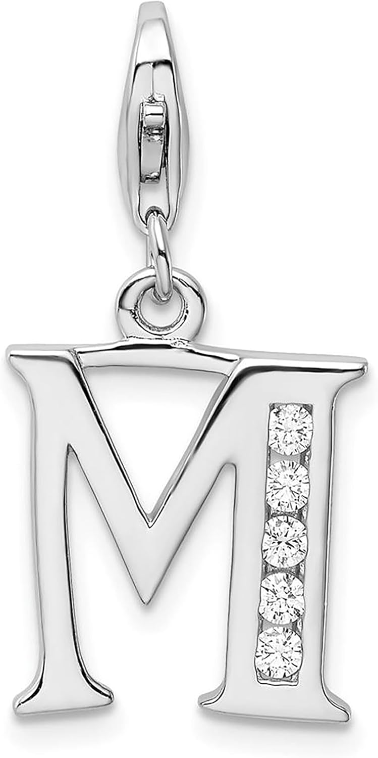 925 Sterling Silver Amore La Vita Polished CZ Medium Size Letter M Initial Bracelet Charm Lobster Clasp