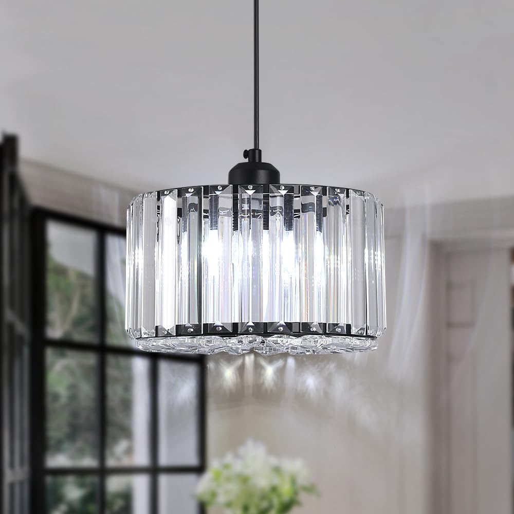 Crystal Pendant Light Modern Chandelier Pendant Lights Dinning Room, Semi Flush Mount Crystal Lighting Fixture E27 Base, Hallway Hanging Light for Kitchen Restaurant over Table, Round 20cm, Black