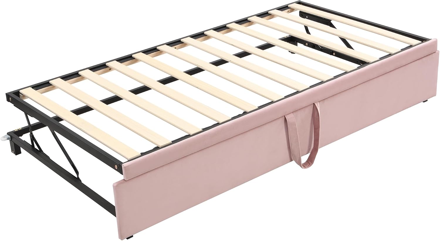 Twin Size Upholstered Daybed with Pop Up Trundle, Velvet Extendable Daybed with Tufted Backrest, Twin to King Daybed Sofa Bed Frame with Nailhead Trim for Bedroom, Living Room, Pink