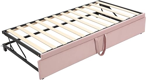 Miniatura 34 de Sofá cama tapizado de tamaño individual con nido desplegable, sofá cama extensible de terciopelo con respaldo copetudo, marco de sofá cama
