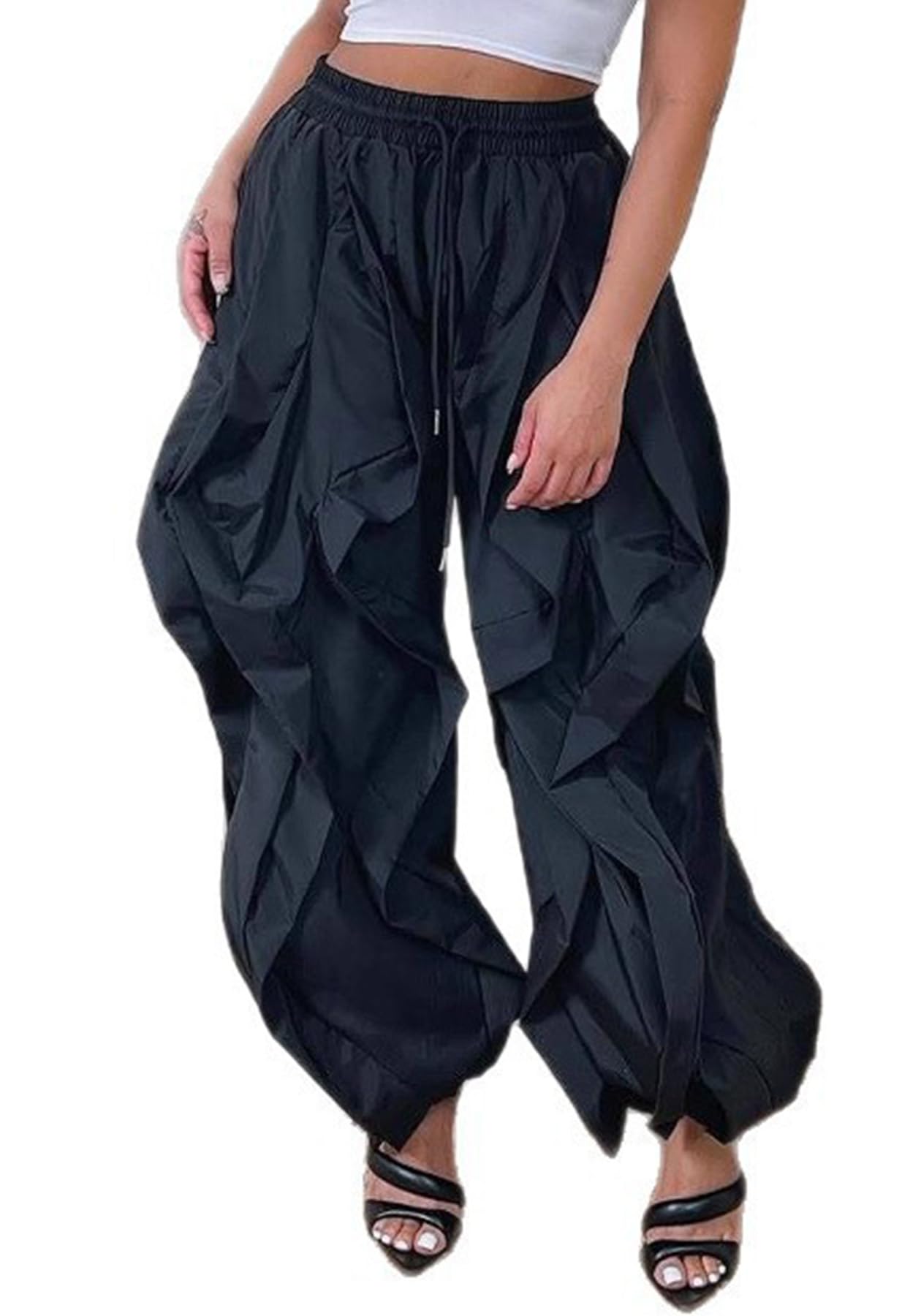 Womens Casual Baggy Pants Cargo Joggers Y2k Drawstring Waist Wide Leg Loose Ruffle Trousers