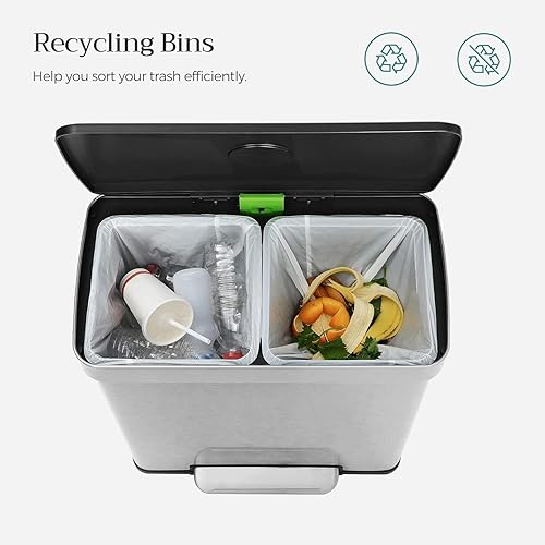 Miniatura 10 de SONGMICS Kitchen Trash Can, 16 Gallon (2 x 8 Gallon) Dual Compartment Garbage Can, 60L Pedal Recycling Bin, Stays Open and Soft Close, Stainless