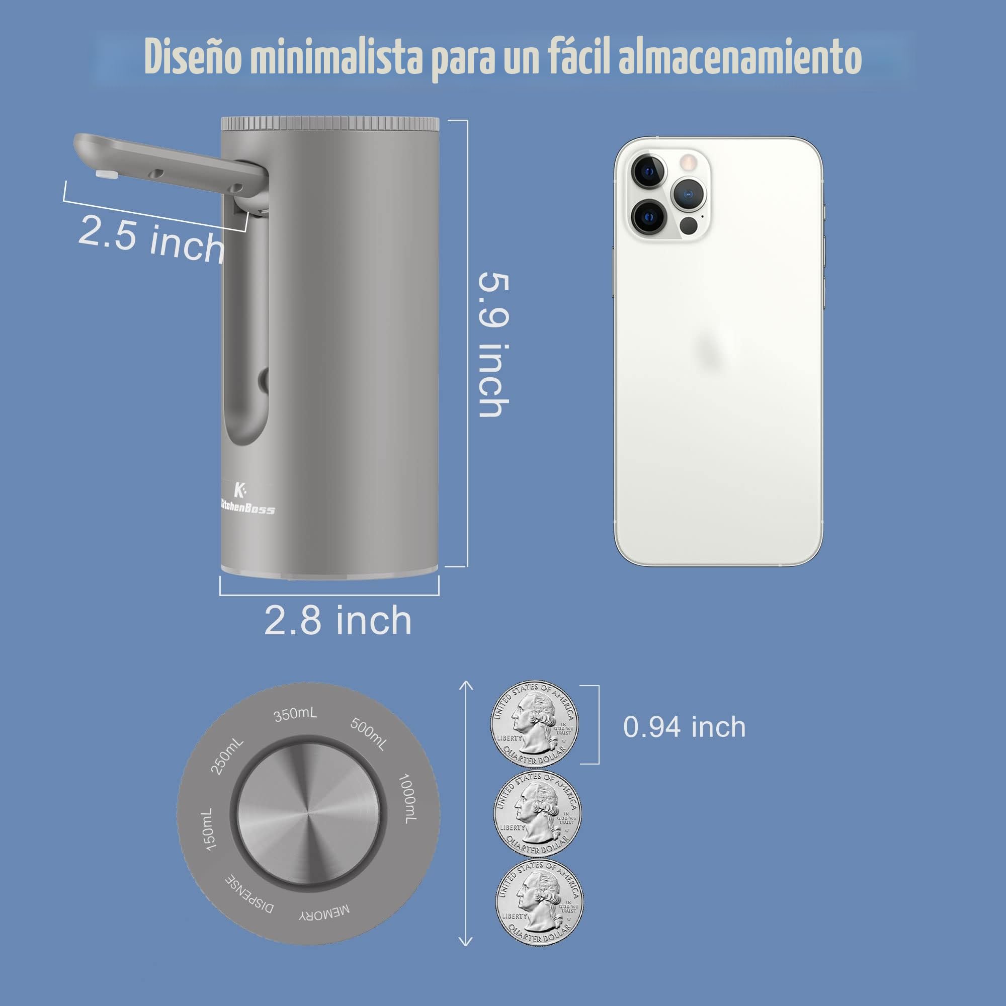 KitchenBoss Dispensador de Agua Eléctrico Portátil Carga USB-C para Botellas 3.8-18.9L Gris