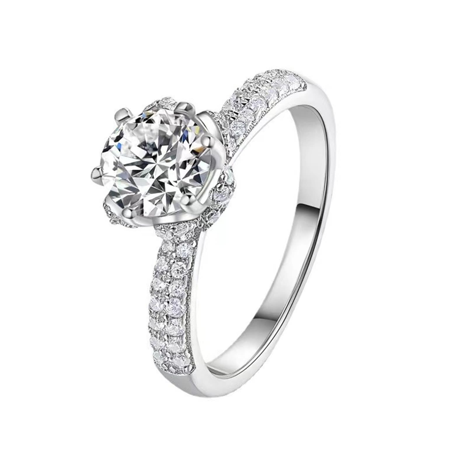 18 Karat Weißgold Ring Frauen Labordiamant Weiß, Verlobungsringe Eleganter Runder Labordiamant mit 6 Krappen