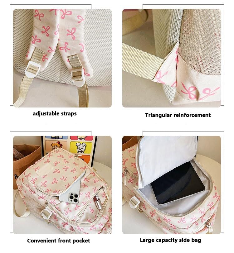 3pcs Set Aesthetic Bookbag with Bows Nylon Cute Backpacks Set with Pouch Bow Backpack Set for Girl(#04)2