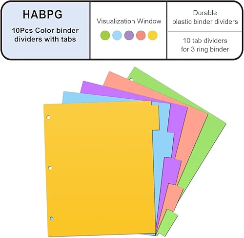 Miniatura 2 de HABGP 10 unidades2 juegos de 5 separadores de pestañas para carpeta de 3 anillas, 10 separadores de carpetas coloridos con pestañas, 3 separadores