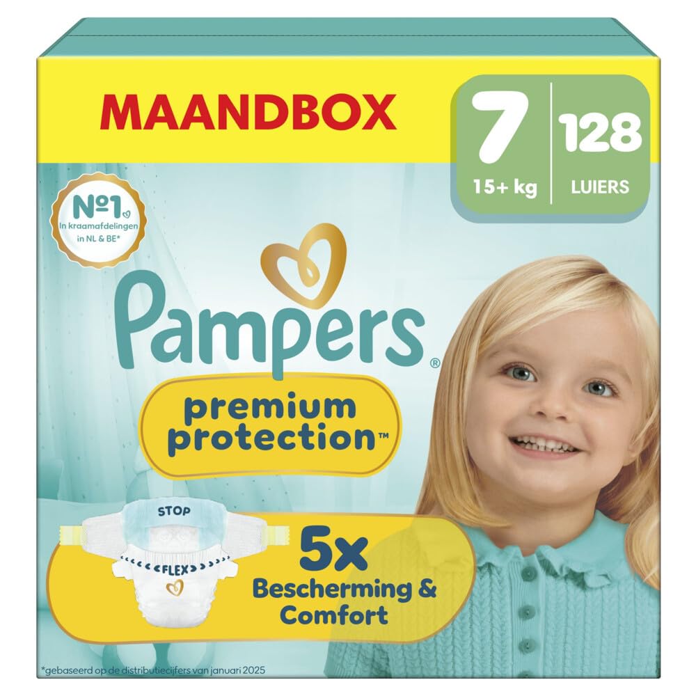 Pampers Pieluchy dla niemowląt rozmiar 7 (15+kg) Premium Protection, bardzo duże, miesięczne pudełko, najlepszy komfort i ochrona dla skóry wrażliwej, 128 sztuk