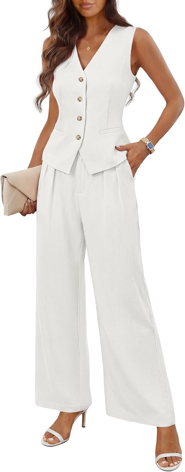 MEROKEETY Women's 2 Piece Outfits Summer 2026 Sleeveless Suit Vest Wide Leg Pants Business Work Casual Blazer Sets