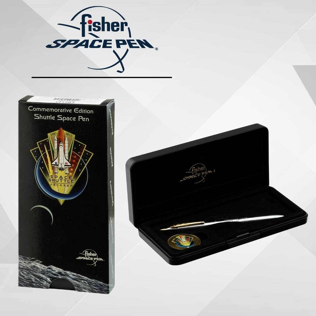 Fisher Space Pen Shuttle CH4-CES Kugelschreiber-Set (Geschenk-Set mit Sammlermünze – ideal für Raumfahrt-Fans, schreibt im Weltall, unter Wasser und bei extremen Temperaturen) Chrome