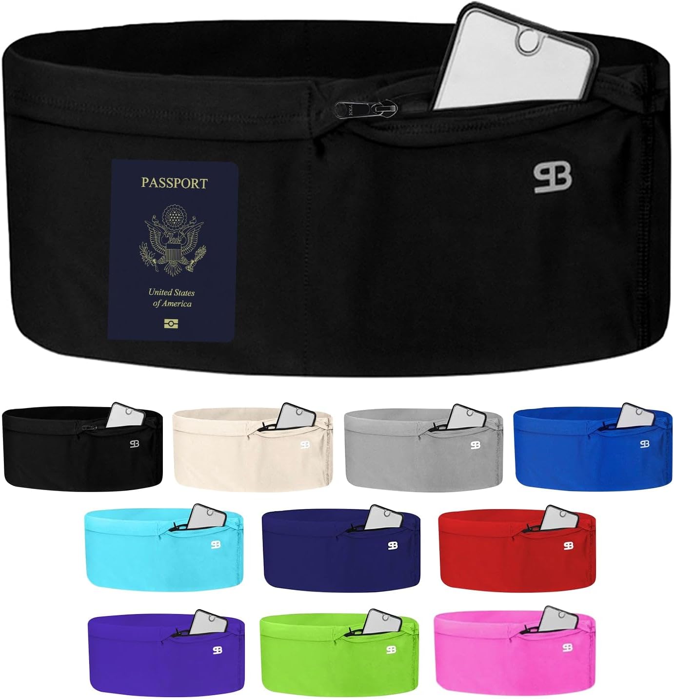 Stashbandz Travel Money Belt Running Belt Hip and Waist Pack with 4 Large Security Pockets and Zipper, Fits All Size Cell Phones, Passport and More Elastic Spandex Fabric Unisex Black