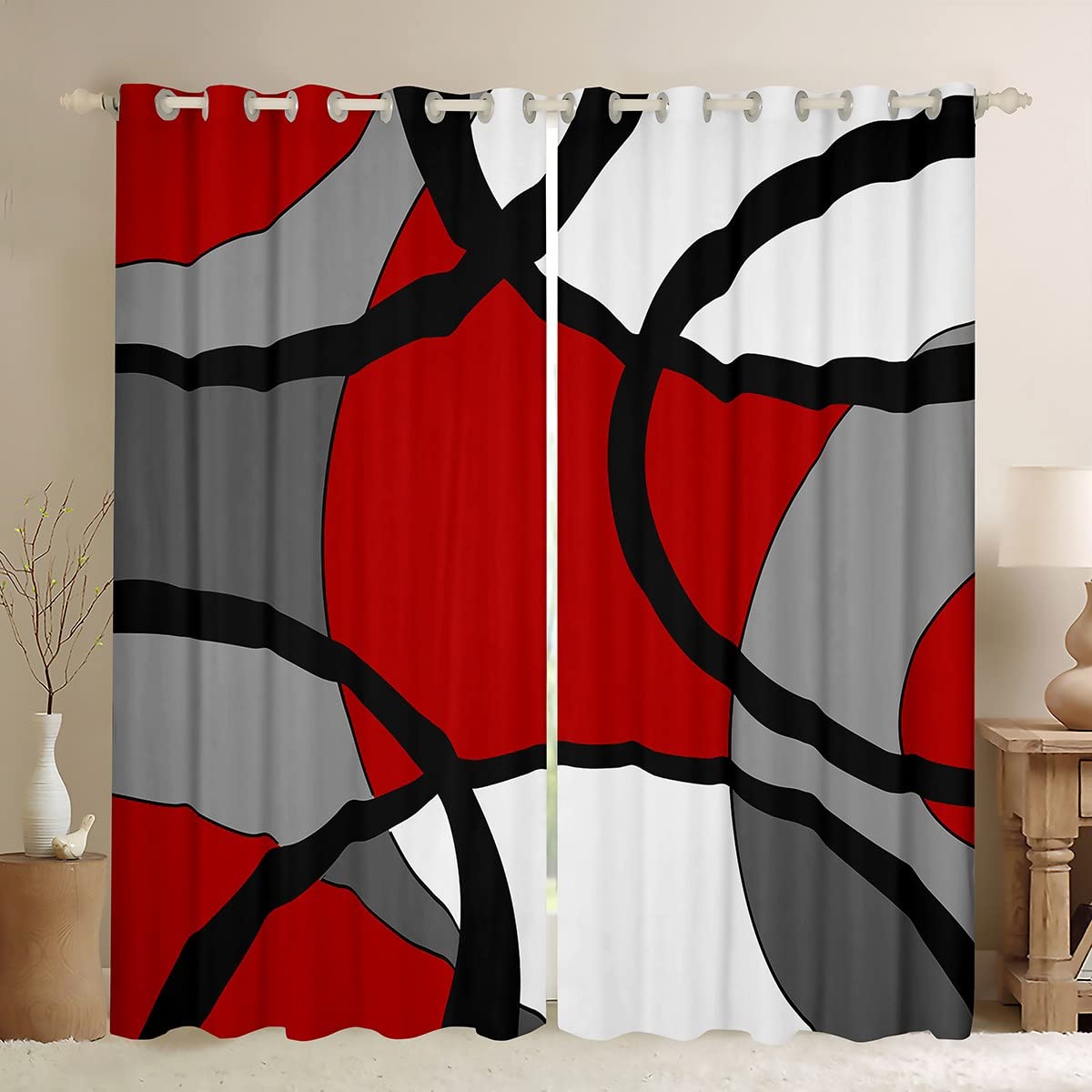Homemissing Boys Multicolored 13225 Red Grey And Black Window Curtains Modern Geometric Blackout Curtains Retro Circle Darkening Dreapes Retro Stripe Swirl Window Treatments Modern Abstract Art W46*L54