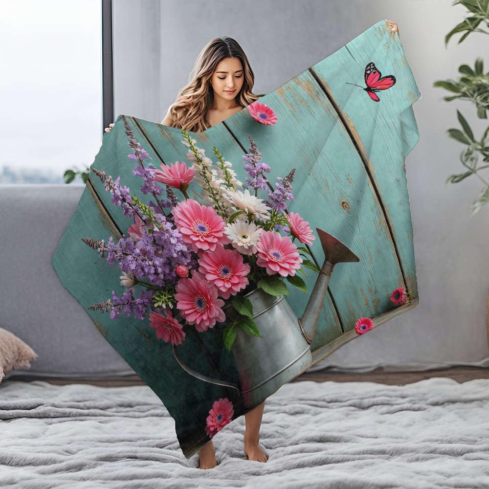 Couverture de Pâques personnalisée plaid flanelle bébé 150 x 200 cm fleurs arrosoir