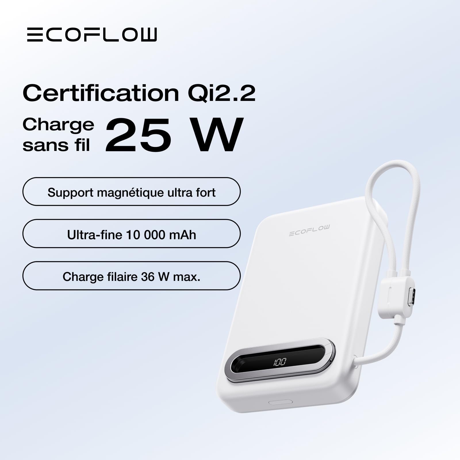 EcoFlow Rapid Mag Qi2.2 Magnétique Powerbank 10000mAh 25W avec Câble USB C 36W, Certifié Qi2.2 Batterie Externe Magnétique sans Fil Power Bank Rapide Chargeur pour iPhone 17/16/15 Pro Max Blanc