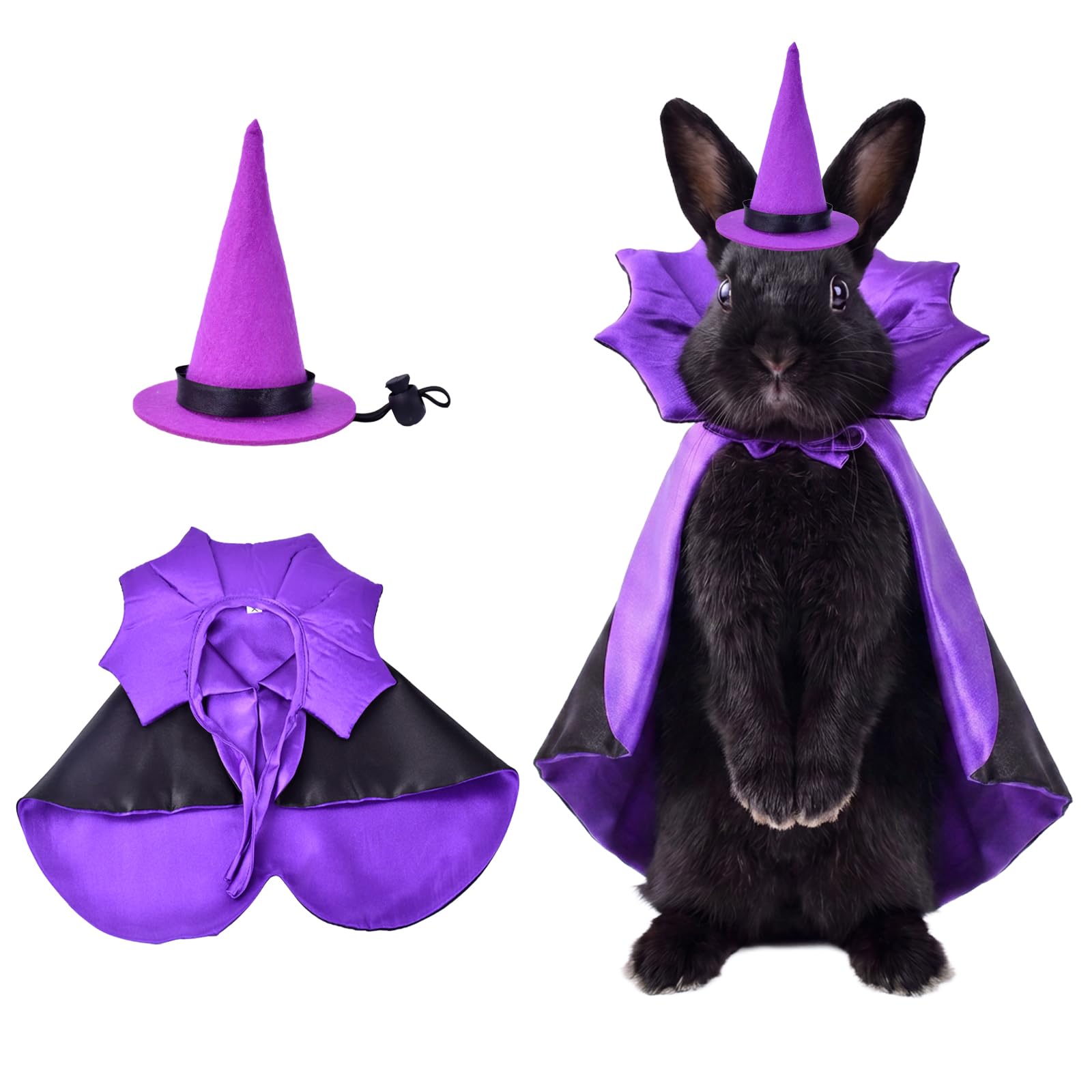LyssKMK Halloween Small Animal Costume Witch Hat & Cape Set for Rabbits Guinea Pigs Chinchillas Pet Vampire Cloak Cosplay Outfit for Bunny Ferret Holiday Party Dress Up Accessories (Purple)
