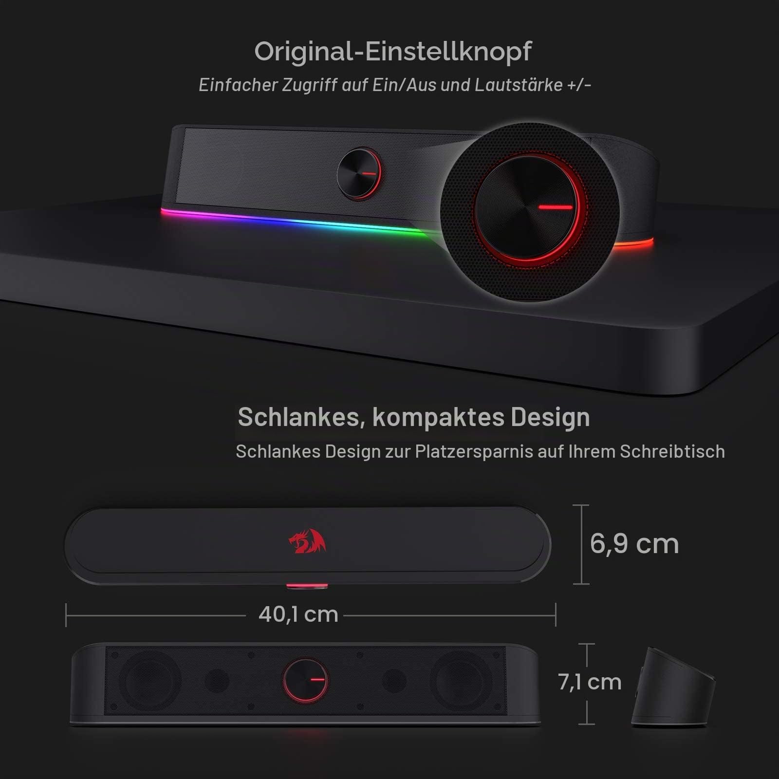 Redragon GS560 Adiemus RGB Desktop-Soundbar, 2.0-Kanal-Computerlautsprecher mit dynamischer Lichtleiste Audio-Light-Sync/Display, Touch-Control-Hintergrundbeleuchtung mit Lautstärkeregler, USB Kable