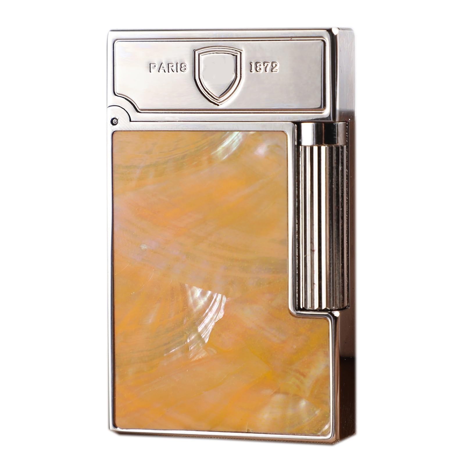 Encendedor abatible de cobre con incrustaciones de carcasa colorida, llama suave de butano recargable, rueda de molienda deslizante lateral, regalo único para hombres