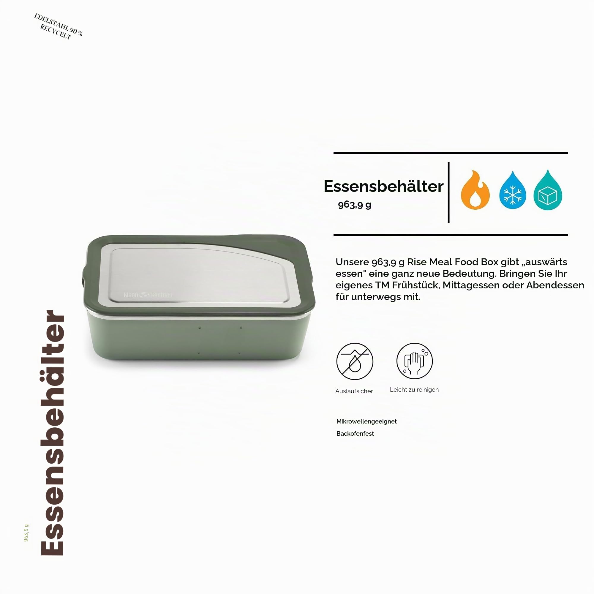 Klean Kanteen Rise Meal Box Brotdose aus Edelstahl in der Farbe Sea Spray, auslaufsicher, 1005ml, 1010623