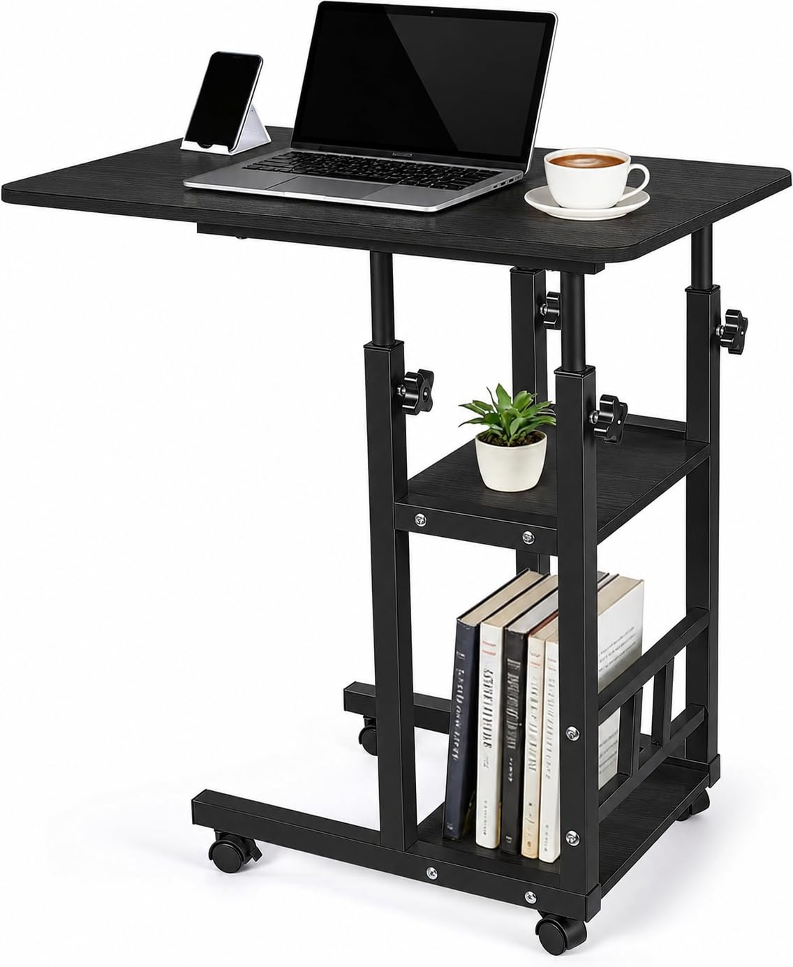 Mesa Auxiliar con Ruedas y Estantes - Escritorio Regulable en Altura 60 x 40 cm - Mesa para Ordenador Portátil, Sofá y Cama con Almacenamiento
